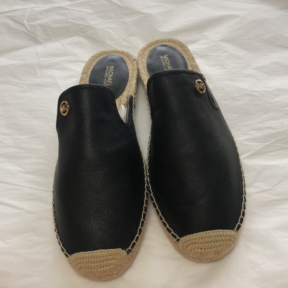 Michael Kors Black Leather Espadrille Slip-On Mules - Picture 3 of 5